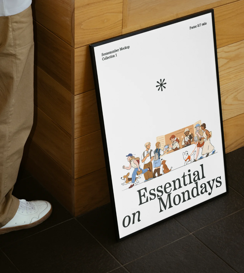An “Essential on Mondays” poster leaning against a wooden counter, with a person standing beside it